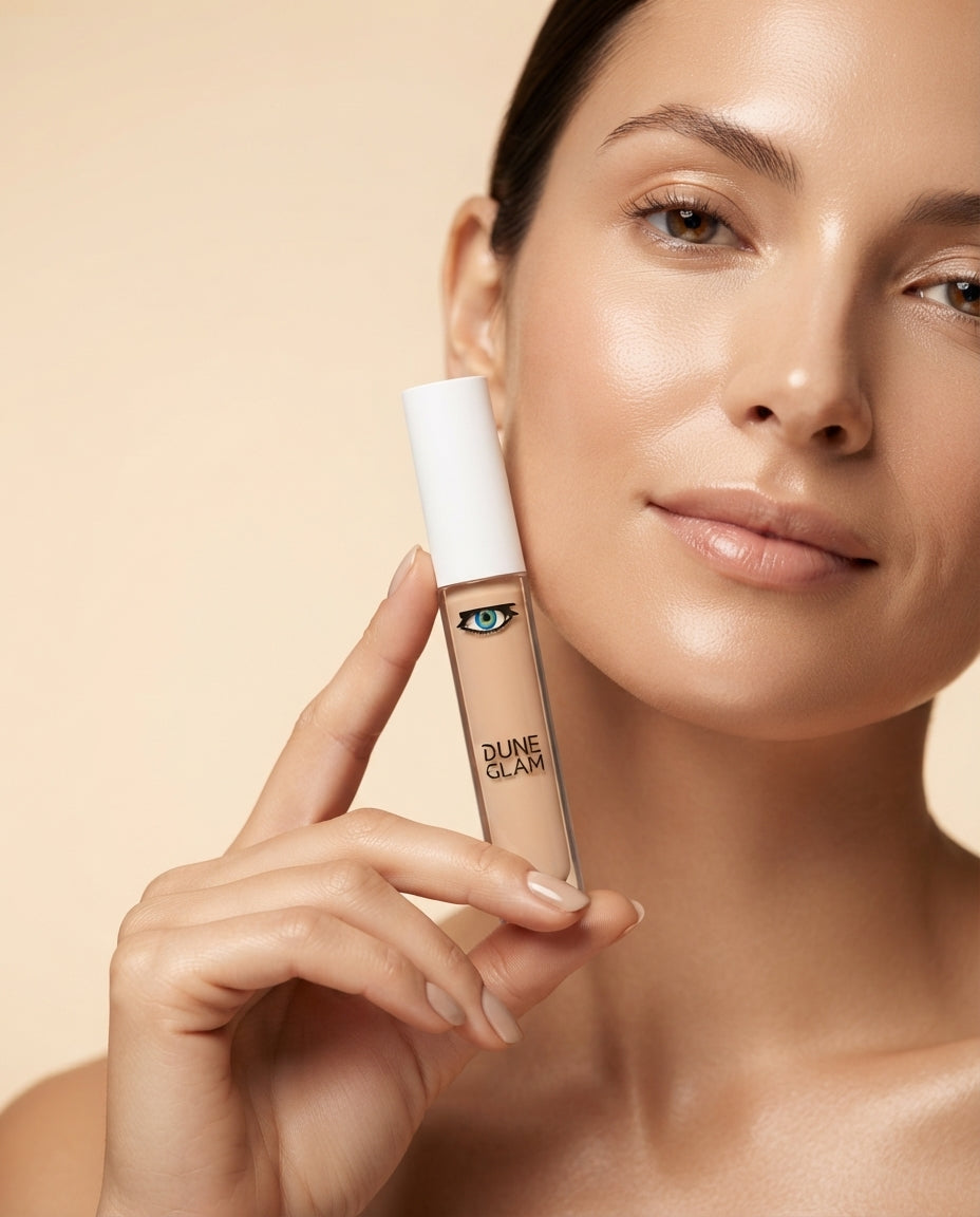 Frau hält DuneGlam Cashew Cream 10 Concealer