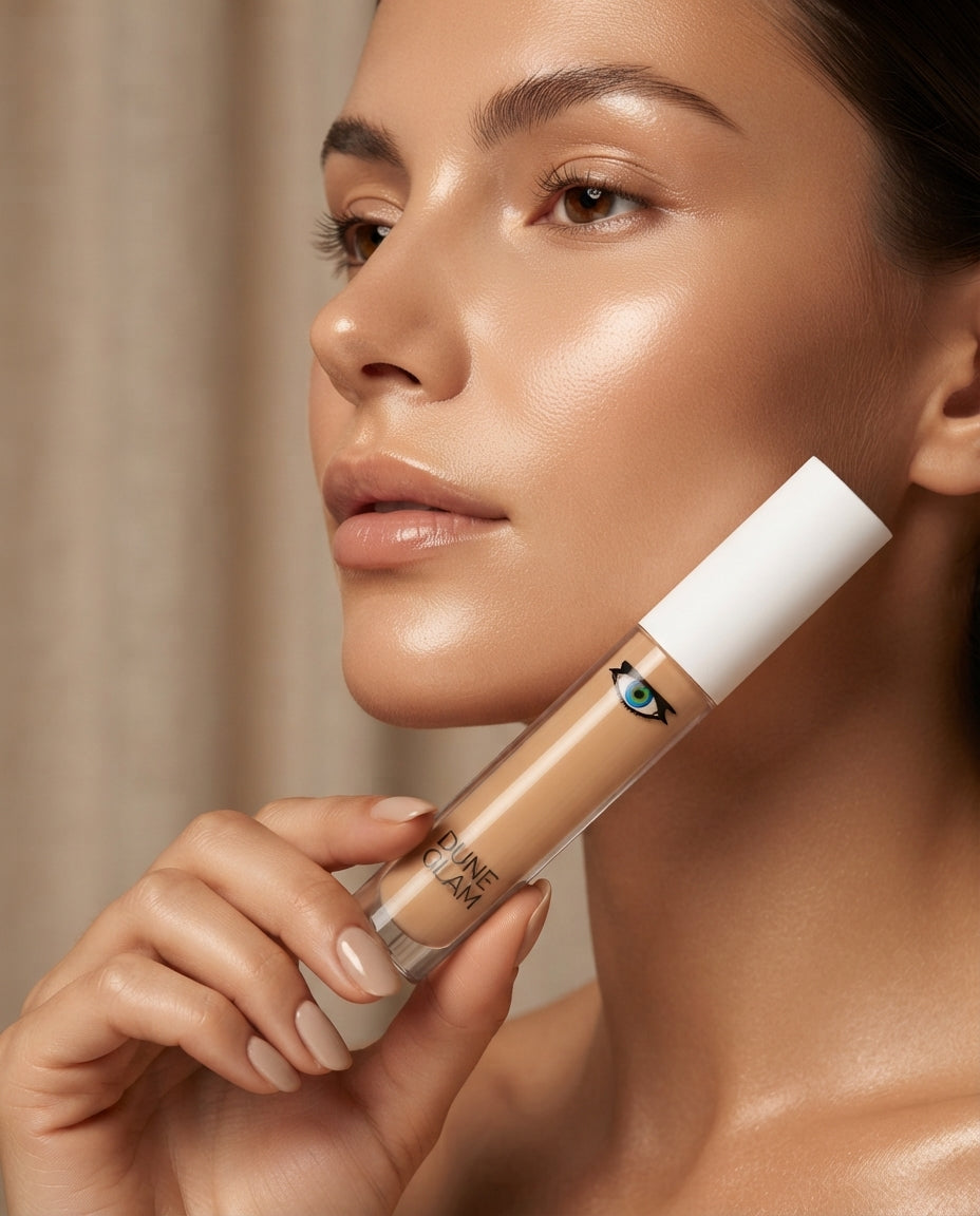 Frau hält DuneGlam Oat Cream 15 Concealer