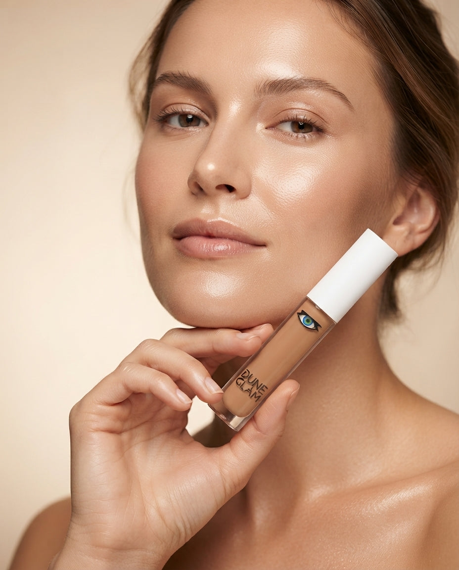 Frau hält DuneGlam Salted Preetzel 20 Concealer