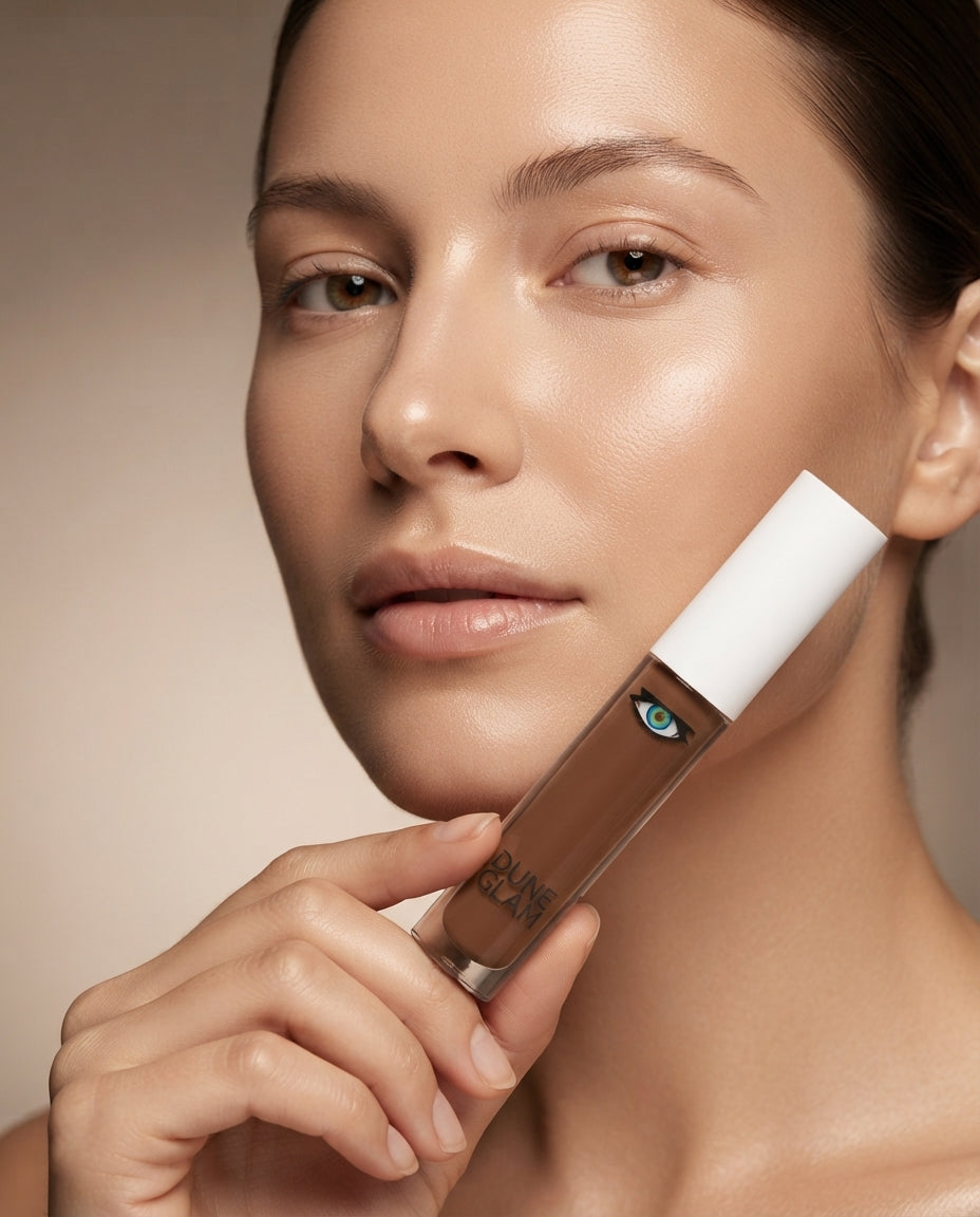 Frau hält DuneGlam Dirty Almond 25 Concealer