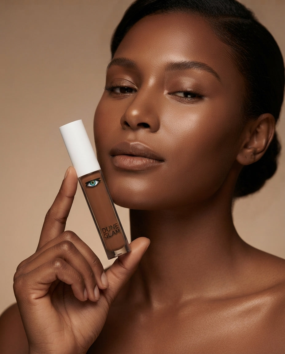 Frau hält DuneGlam Iced Hazelnut 35 Concealer