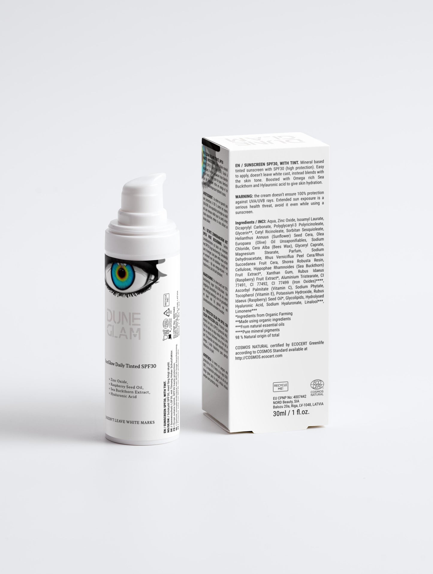 DUNEGLAM Tinted Sunscreen SPF 30 (30ml) – Perfect Complexion with High Protection & Intense Hydration with Sea Buckthorn, Zinc Oxide for Deep Care